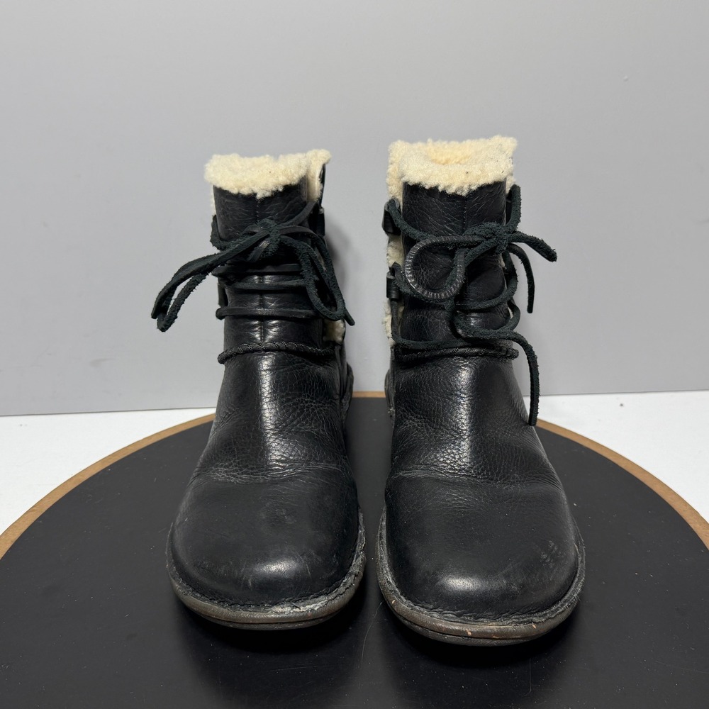 UGG Australia Mini Boots Women 7 Black Leather Shearling Lined Cozy Casual - Picture 3 of 11